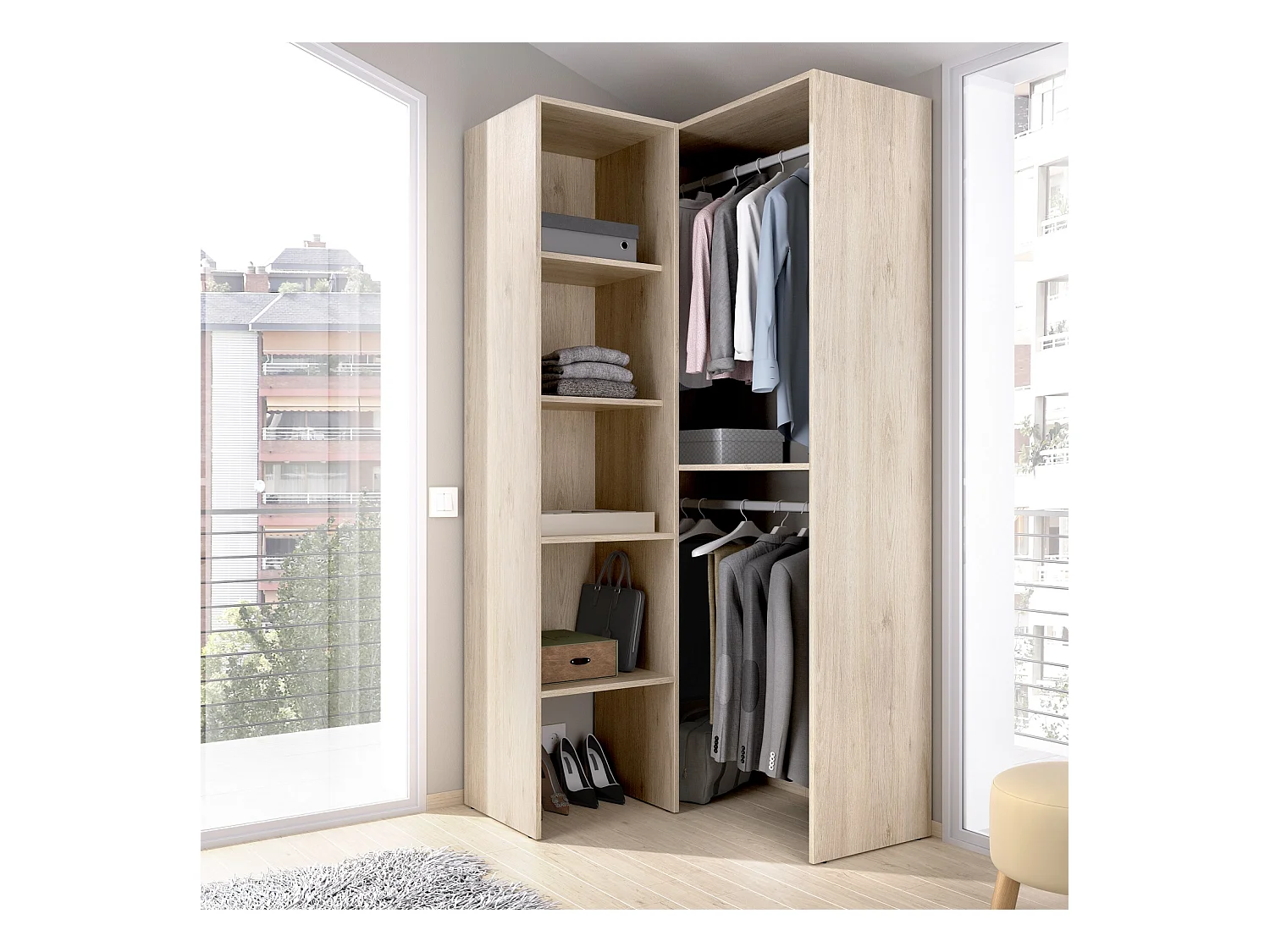 Armoire dressing d'angle en panneaux de particules mélaminés - Longueur 79.5 x Profondeur 88.5 x Hauteur 185 cm