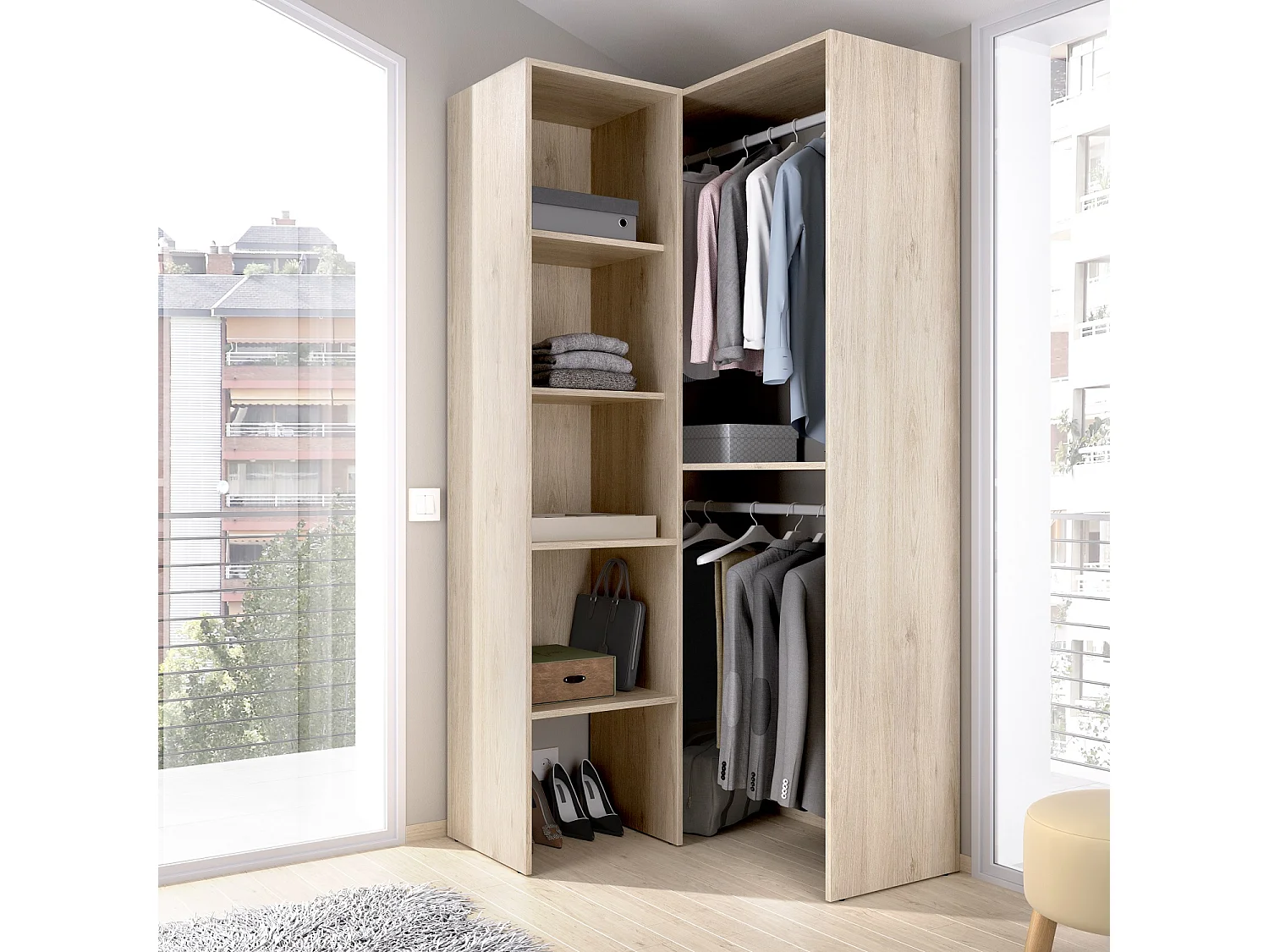 Armoire dressing d'angle en panneaux de particules mélaminés - Longueur 79.5 x Profondeur 88.5 x Hauteur 185 cm