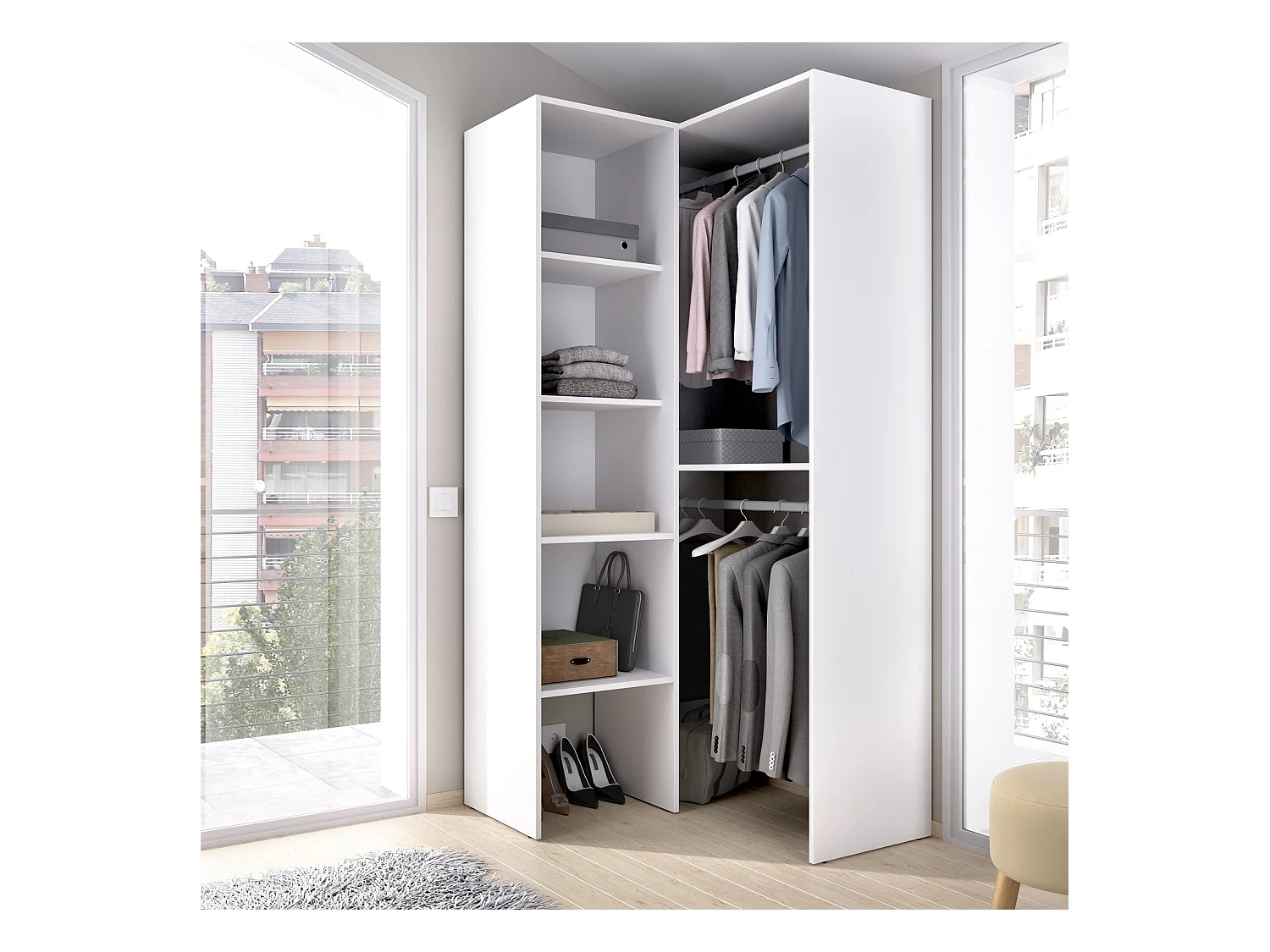 Armoire dressing d'angle en panneaux de particules mélaminés coloris blanc - Longueur 79.5 x Profondeur 88.5 x Hauteur 185 cm