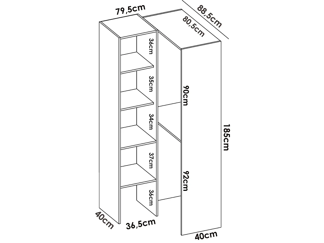 Armoire dressing d'angle en panneaux de particules mélaminés coloris blanc - Longueur 79.5 x Profondeur 88.5 x Hauteur 185 cm