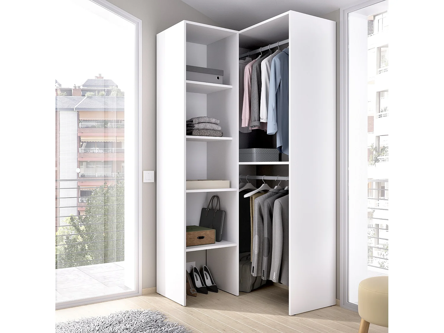 Armoire dressing d'angle en panneaux de particules mélaminés coloris blanc - Longueur 79.5 x Profondeur 88.5 x Hauteur 185 cm