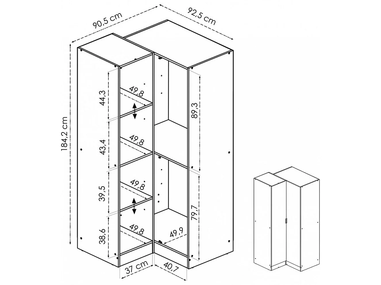Armoire dressing d'angle en panneaux de particules mélaminés coloris blanc - Longueur 90.5 x Profondeur 92.5 x Hauteur 184.2 cm