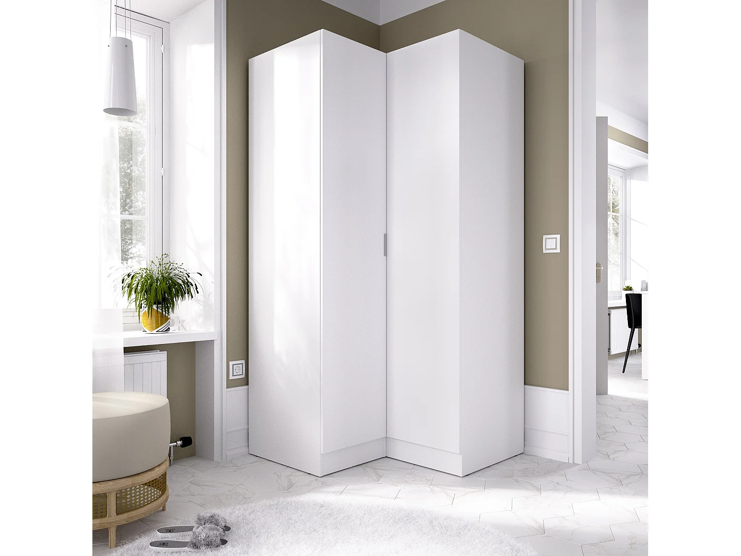 Armoire dressing d'angle en panneaux de particules mélaminés coloris blanc - Longueur 90.5 x Profondeur 92.5 x Hauteur 184.2 cm