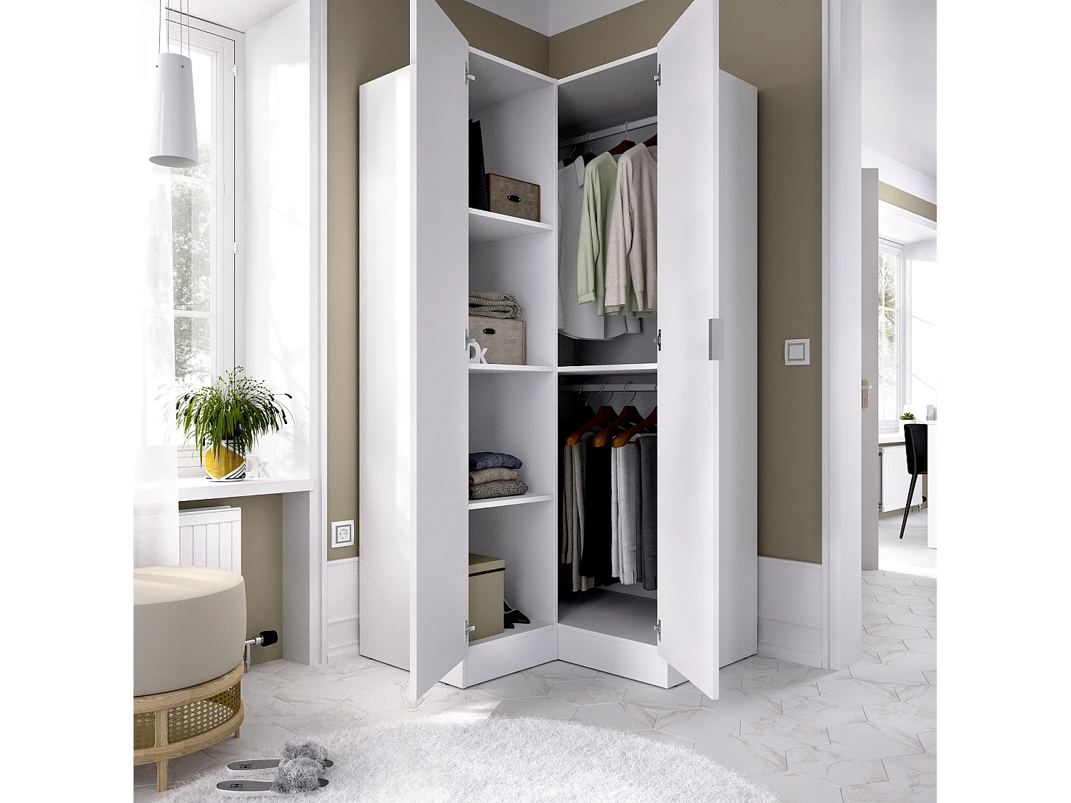 Armoire dressing d'angle en panneaux de particules mélaminés coloris blanc - Longueur 90.5 x Profondeur 92.5 x Hauteur 184.2 cm