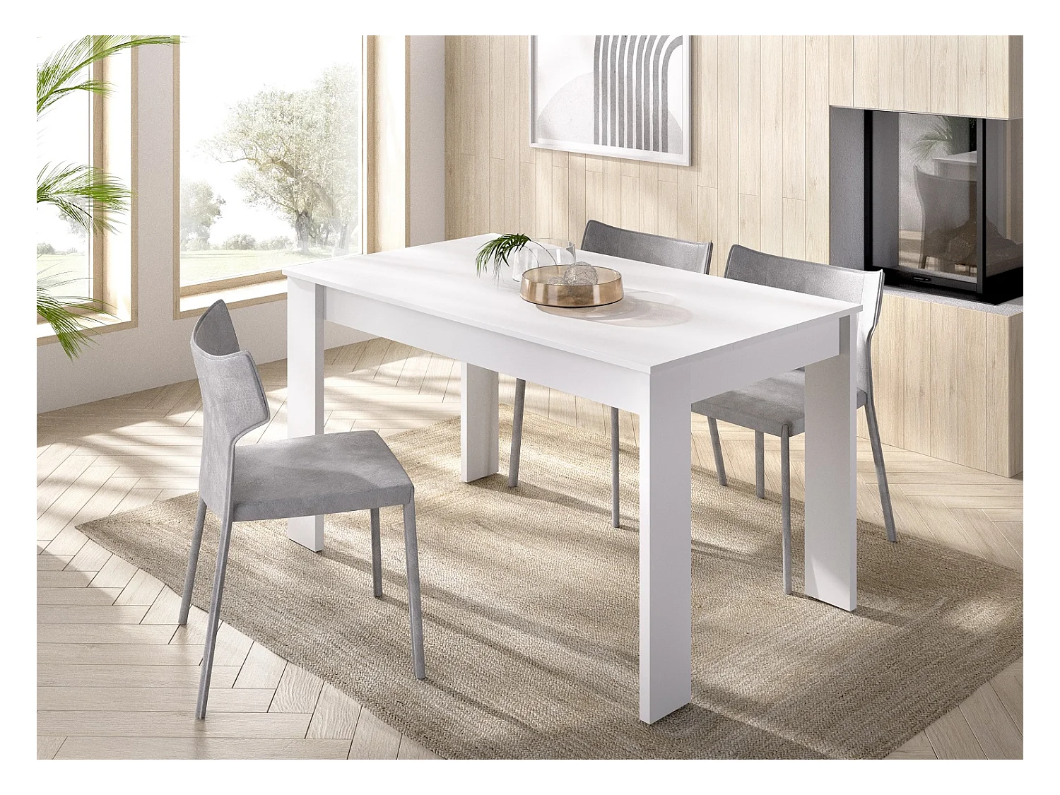 Table à manger rectangulaire en panneaux de particules mélaminés coloris blanc - Longueur 139 x Profondeur 81 x Hauteur 77 cm