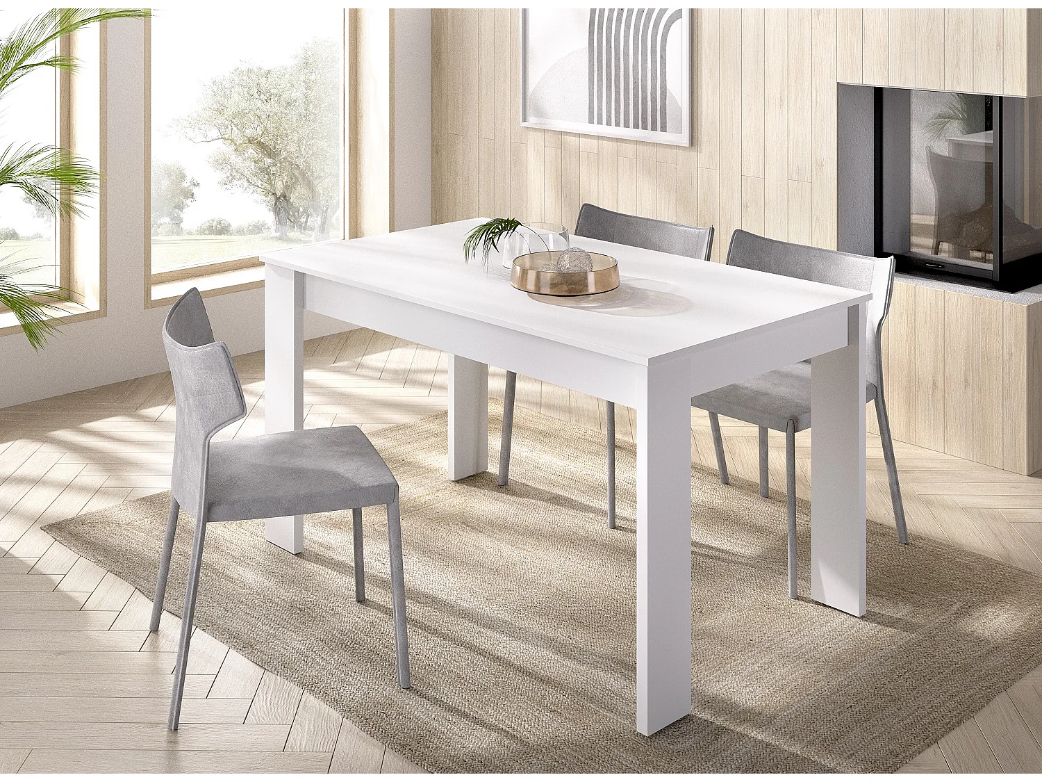 Table à manger rectangulaire en panneaux de particules mélaminés coloris blanc - Longueur 139 x Profondeur 81 x Hauteur 77 cm