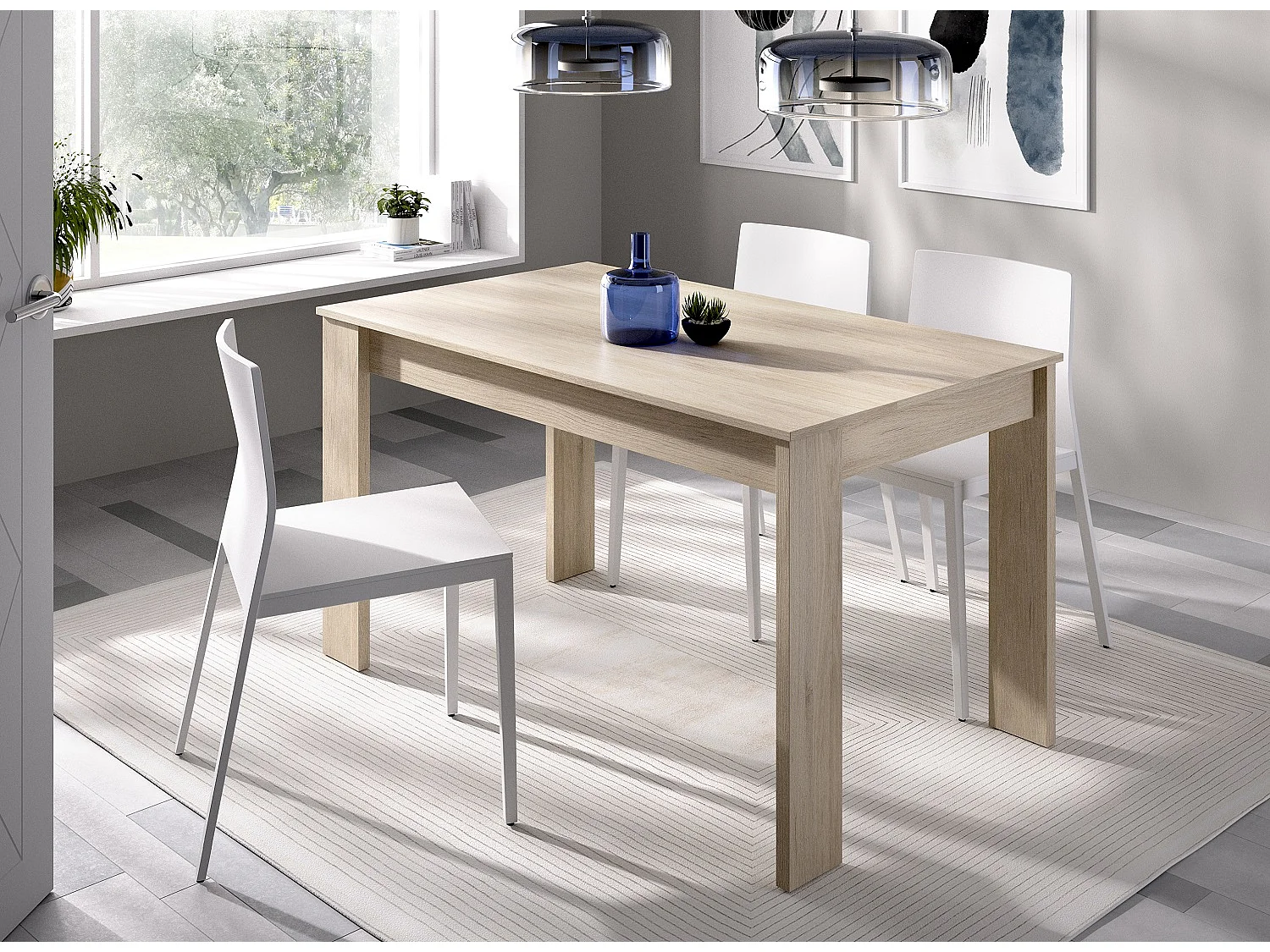 Table à manger rectangulaire en panneaux de particules mélaminés coloris naturel-Longueur 139 x Profondeur 81 x Hauteur 77 cm