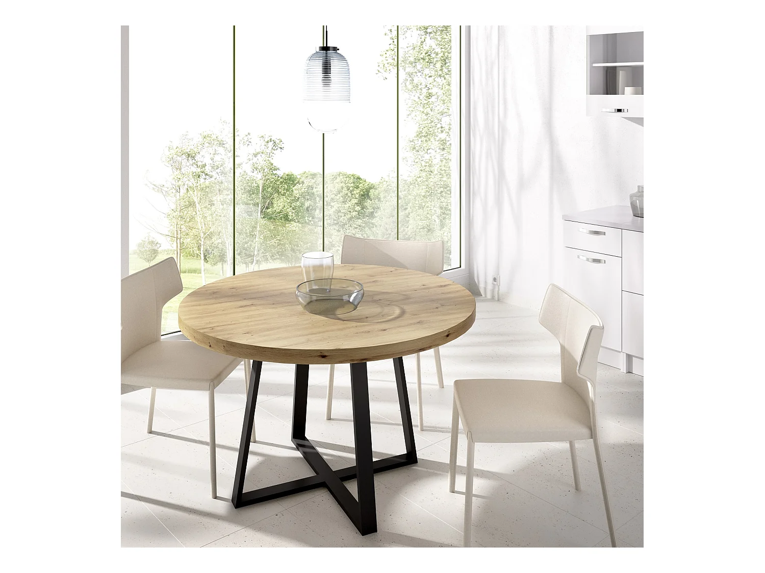 Table à manger ronde en bois coloris chêne nordique avec pieds en métal graphite - Diamètre 120 x Hauteur 76.8 cm