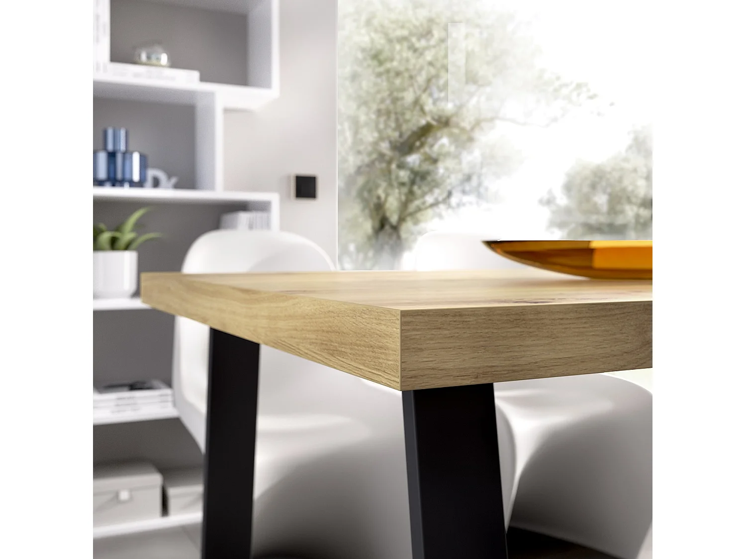 Table à manger rectangulaire en bois coloris chêne avec pieds en métal noir - Longueur 140 x Profondeur 90 x Hauteur 75 cm