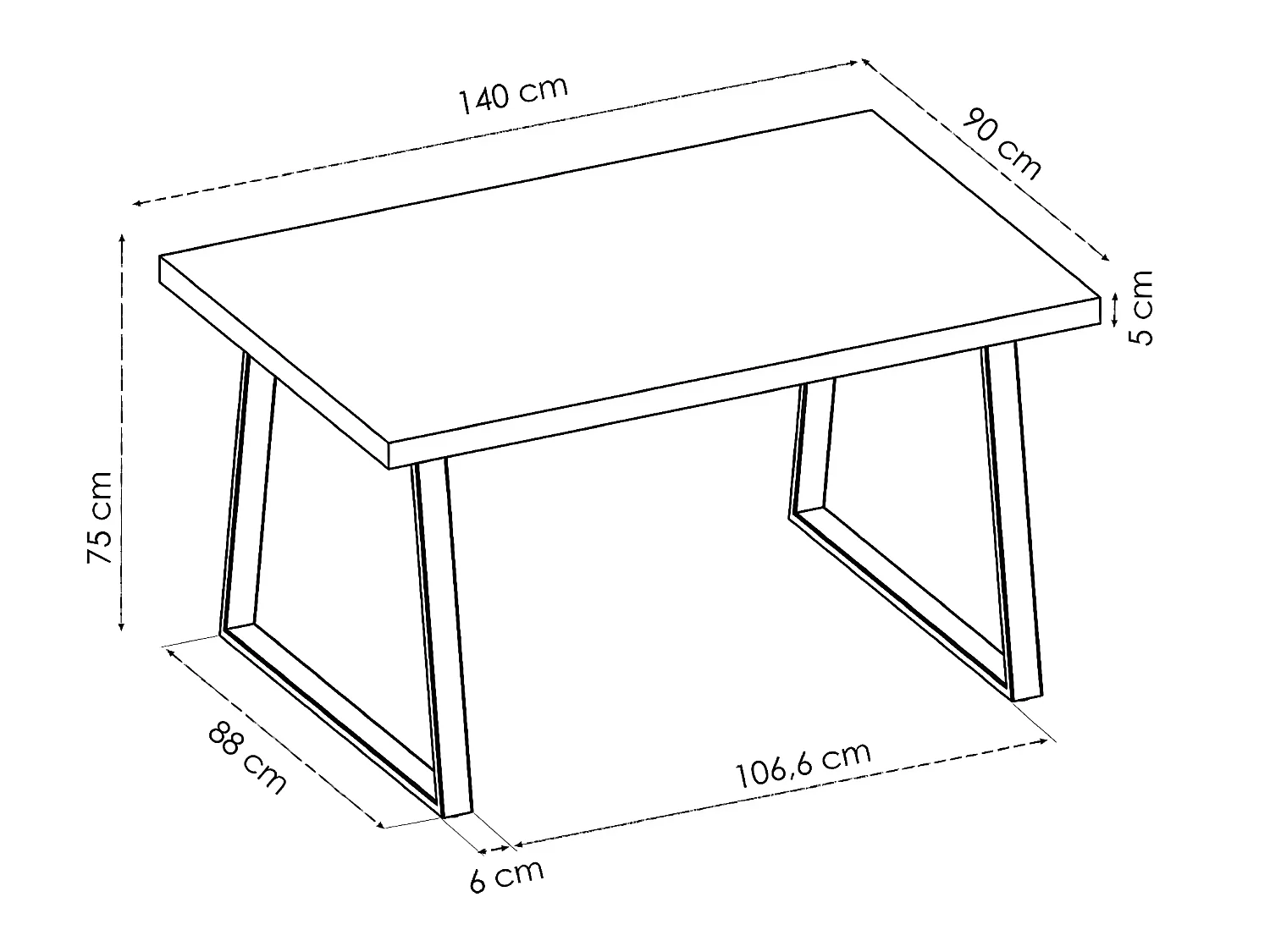 Table à manger rectangulaire en bois coloris chêne avec pieds en métal noir - Longueur 140 x Profondeur 90 x Hauteur 75 cm