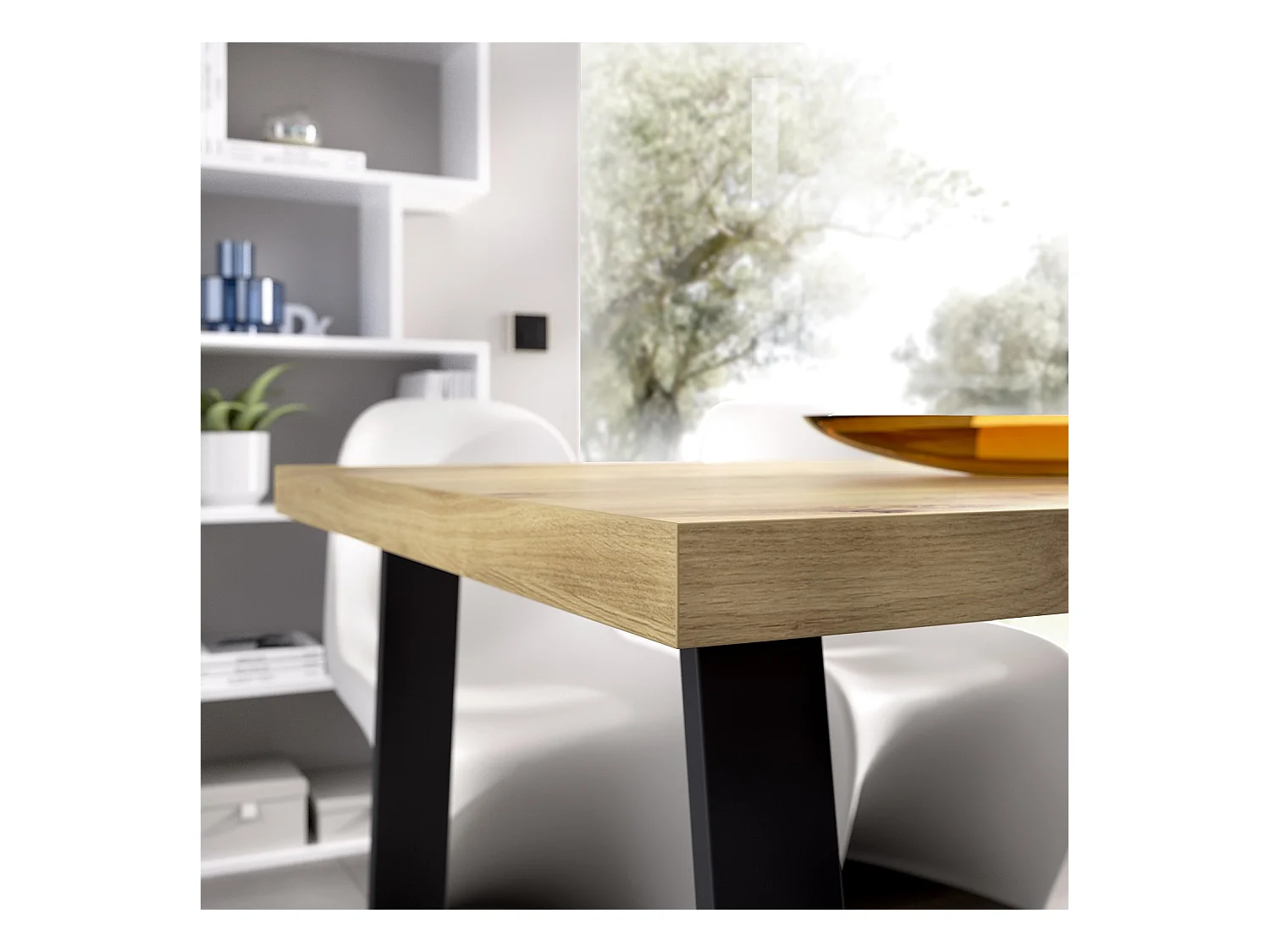 Table à manger rectangulaire en bois coloris chêne avec pieds en métal noir - Longueur 140 x Profondeur 90 x Hauteur 75 cm