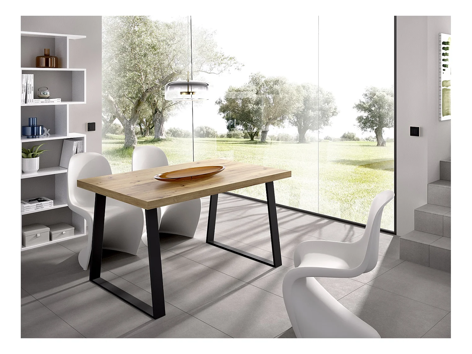 Table à manger rectangulaire en bois coloris chêne avec pieds en métal noir - Longueur 140 x Profondeur 90 x Hauteur 75 cm