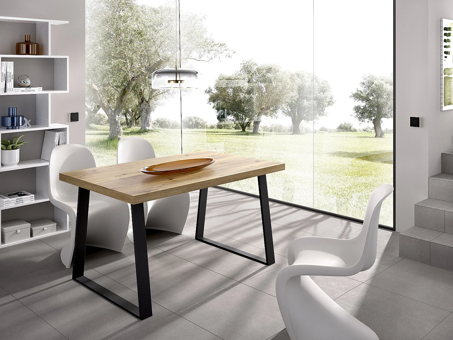 Table à manger rectangulaire en bois coloris chêne avec pieds en métal noir - Longueur 140 x Profondeur 90 x Hauteur 75 cm