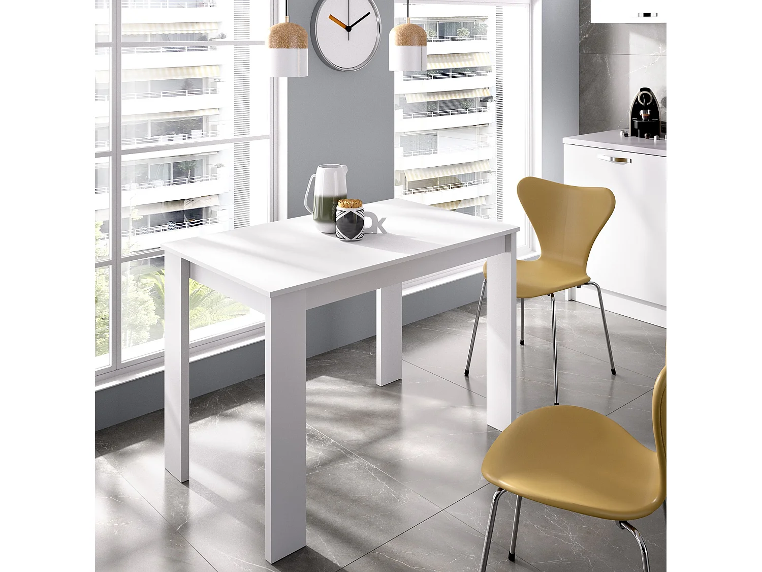 Table à manger rectangulaire en panneaux de particules mélaminés coloris blanc - Longueur 110 x Profondeur 67 x Hauteur 77 cm