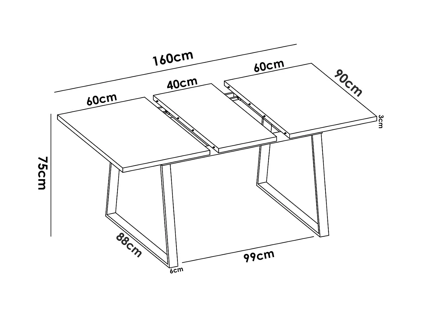 Table à manger extensible en bois coloris chêne avec pieds en métal noir - Longueur 120-160 x Profondeur 90 x Hauteur 75 cm