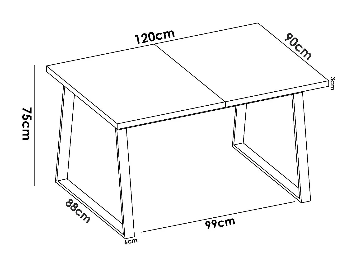 Table à manger extensible en bois coloris chêne avec pieds en métal noir - Longueur 120-160 x Profondeur 90 x Hauteur 75 cm