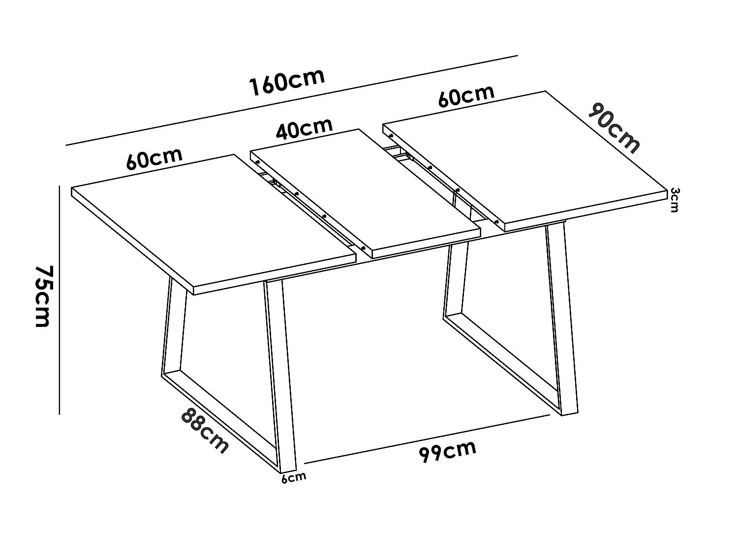 Table à manger extensible en bois coloris chêne avec pieds en métal noir - Longueur 120-160 x Profondeur 90 x Hauteur 75 cm