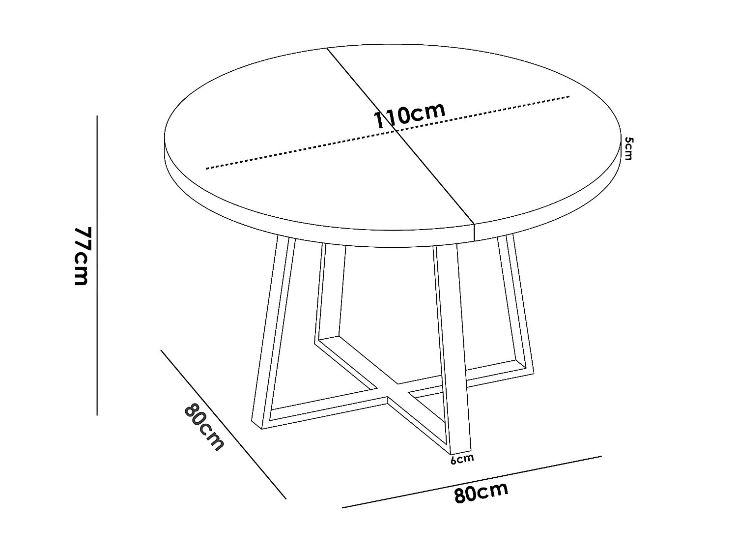 Table à manger ronde extensible en Panneaux de particules avec pieds en métal graphite - Longueur 110-158 x Profondeur 110 x Hauteur 77 cm