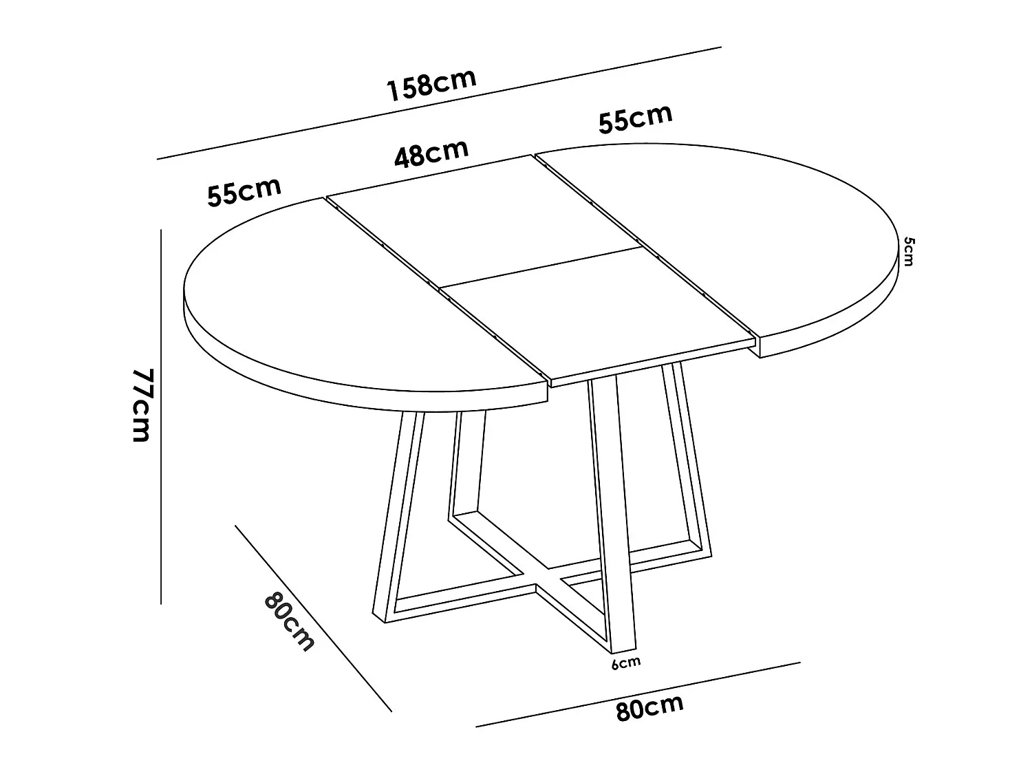 Table à manger ronde extensible en Panneaux de particules avec pieds en métal graphite - Longueur 110-158 x Profondeur 110 x Hauteur 77 cm