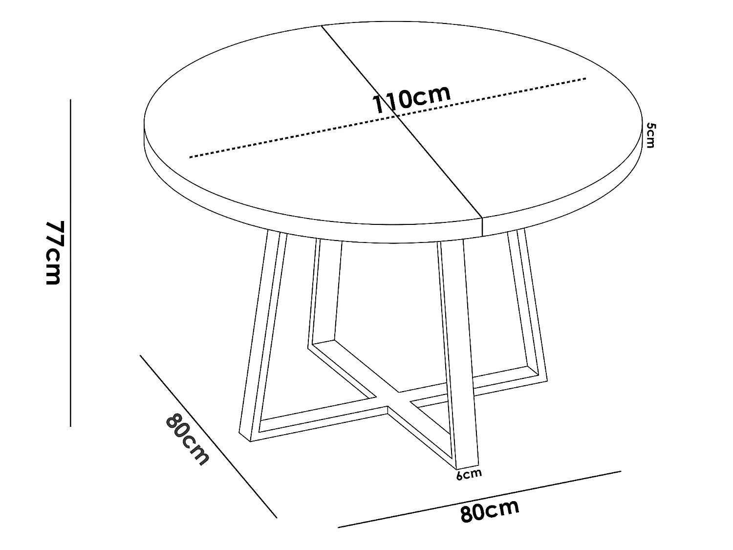 Table à manger ronde extensible en Panneaux de particules avec pieds en métal graphite - Longueur 110-158 x Profondeur 110 x Hauteur 77 cm