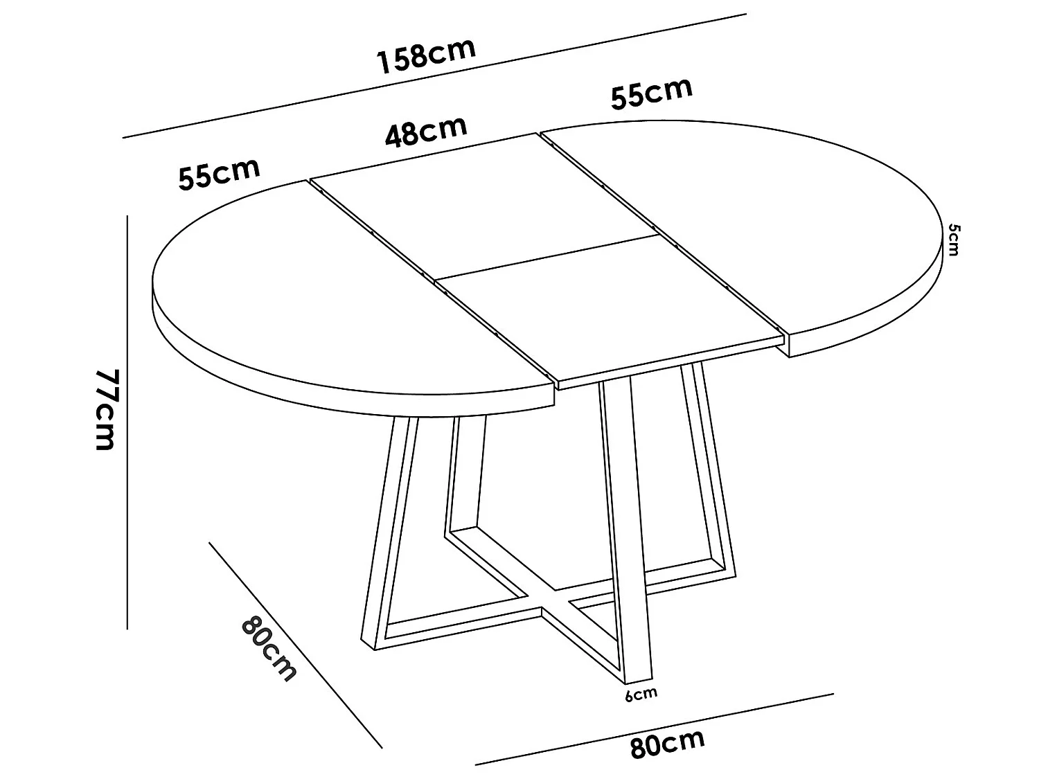 Table à manger ronde extensible en Panneaux de particules avec pieds en métal graphite - Longueur 110-158 x Profondeur 110 x Hauteur 77 cm