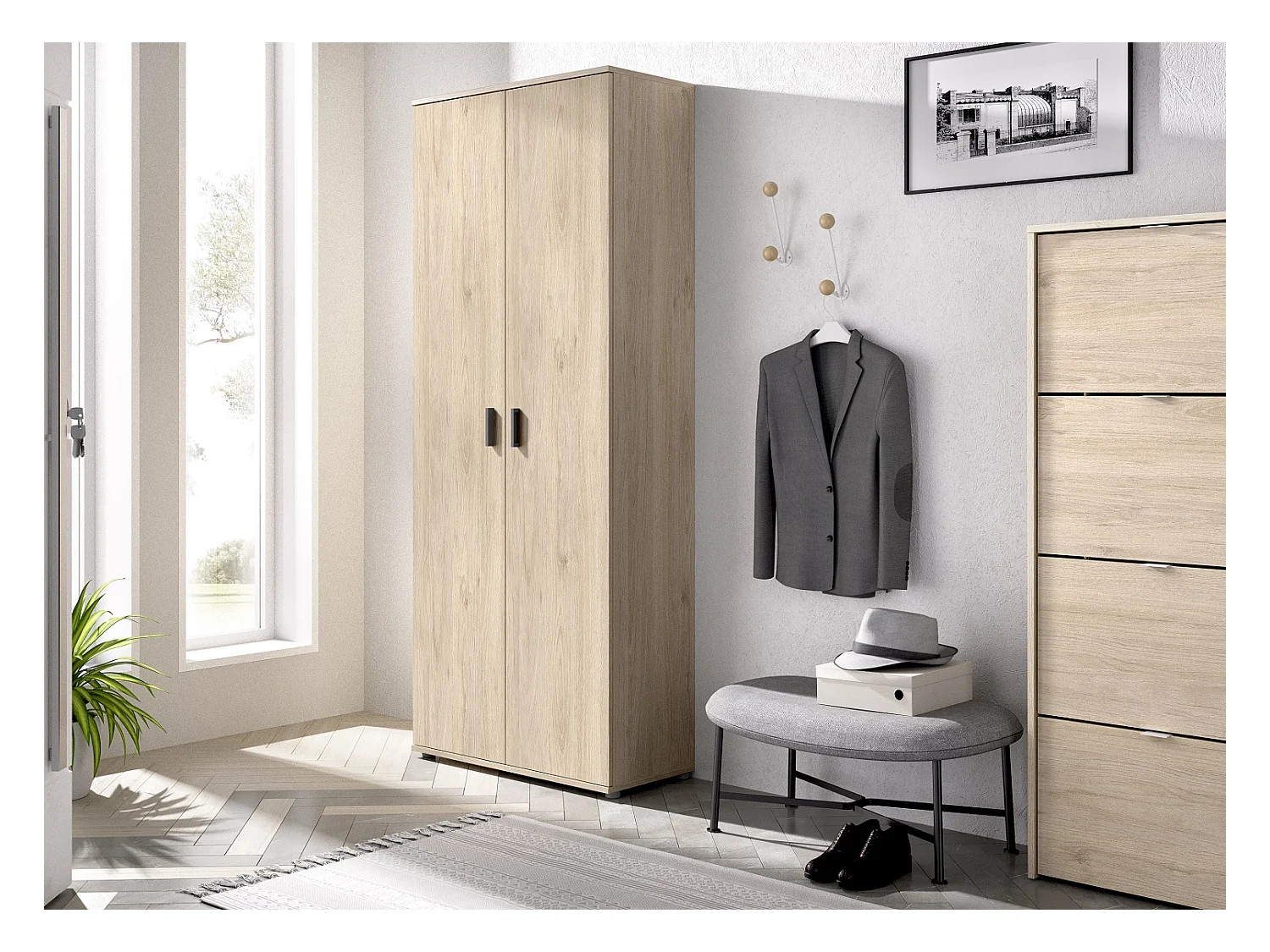 Armoire en panneaux de particules mélaminés coloris chêne naturel - Longueur 77.4 x Profondeur 35.3 x Hauteur 190.2 cm