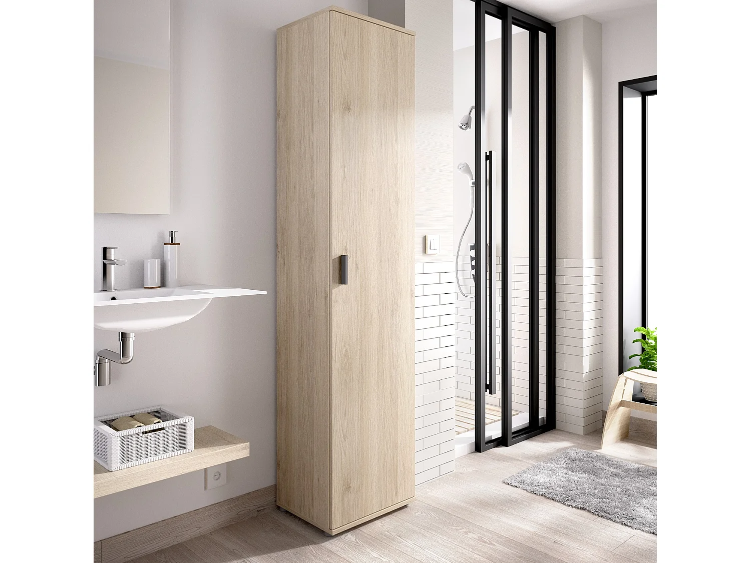 Armoire en panneaux de particules mélaminés coloris chêne naturel - Longueur 38.8 x Profondeur 35.3 x Hauteur 190.2 cm