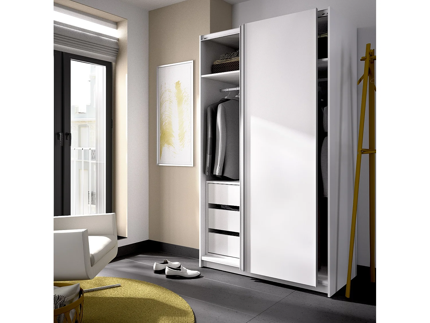 Armoire avec 2 portes coulissantes en panneau de particules mélaminés coloris blanc-Longueur 120 x Profondeur 58 x Hauteur 200cm