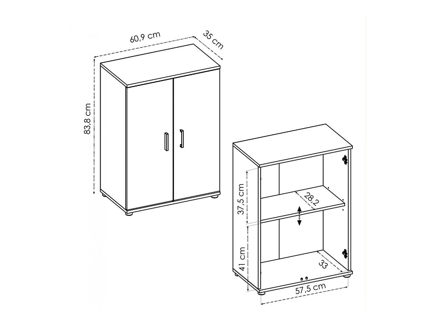 Meuble bas avec 2 portes en panneaux de particules mélaminés coloris blanc - Longueur 60.9 x Profondeur 35 x Hauteur 83.8 cm