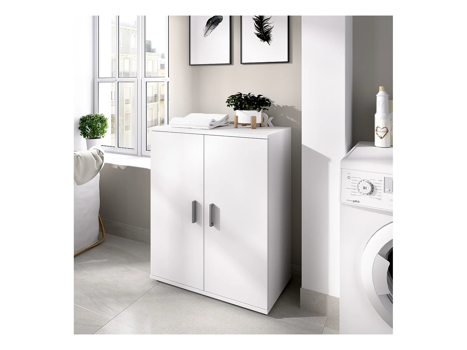 Meuble bas avec 2 portes en panneaux de particules mélaminés coloris blanc - Longueur 60.9 x Profondeur 35 x Hauteur 83.8 cm