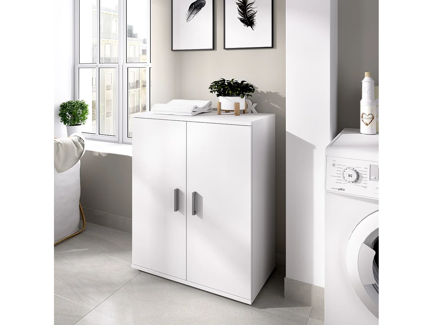 Meuble bas avec 2 portes en panneaux de particules mélaminés coloris blanc - Longueur 60.9 x Profondeur 35 x Hauteur 83.8 cm