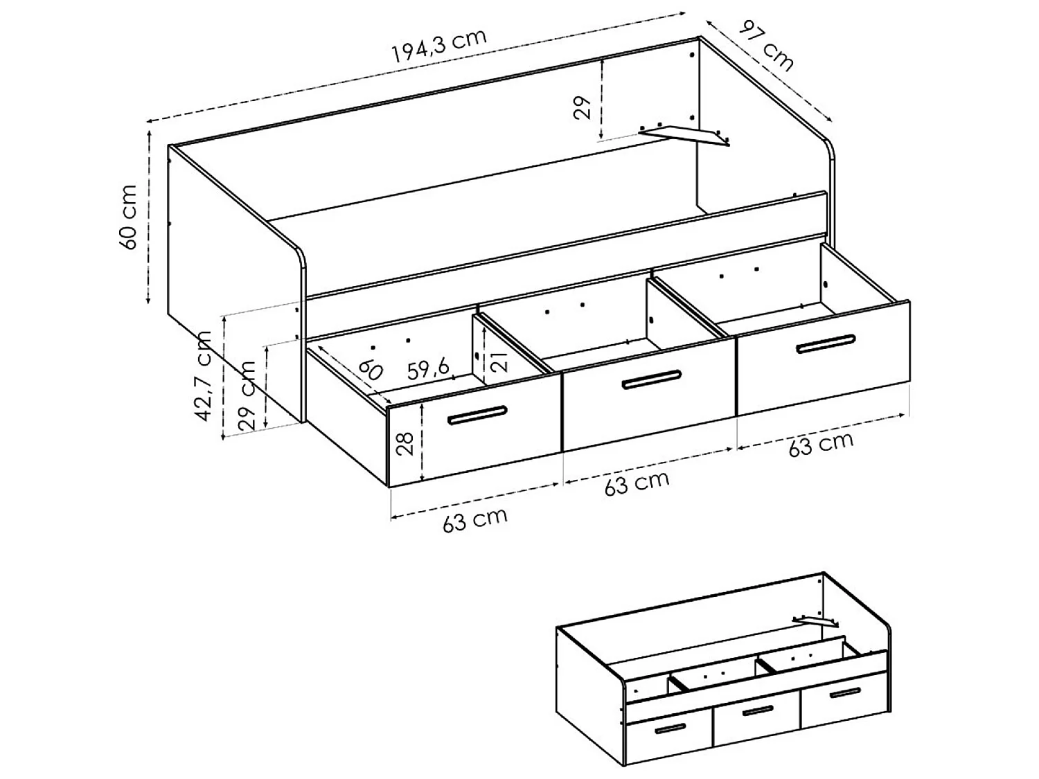 Lit enfant gigogne 90 x 190 cm en mélamine coloris blanc avec 3 tiroirs - Longueur 194.3 x Profondeur 97 x Hauteur 60 cm