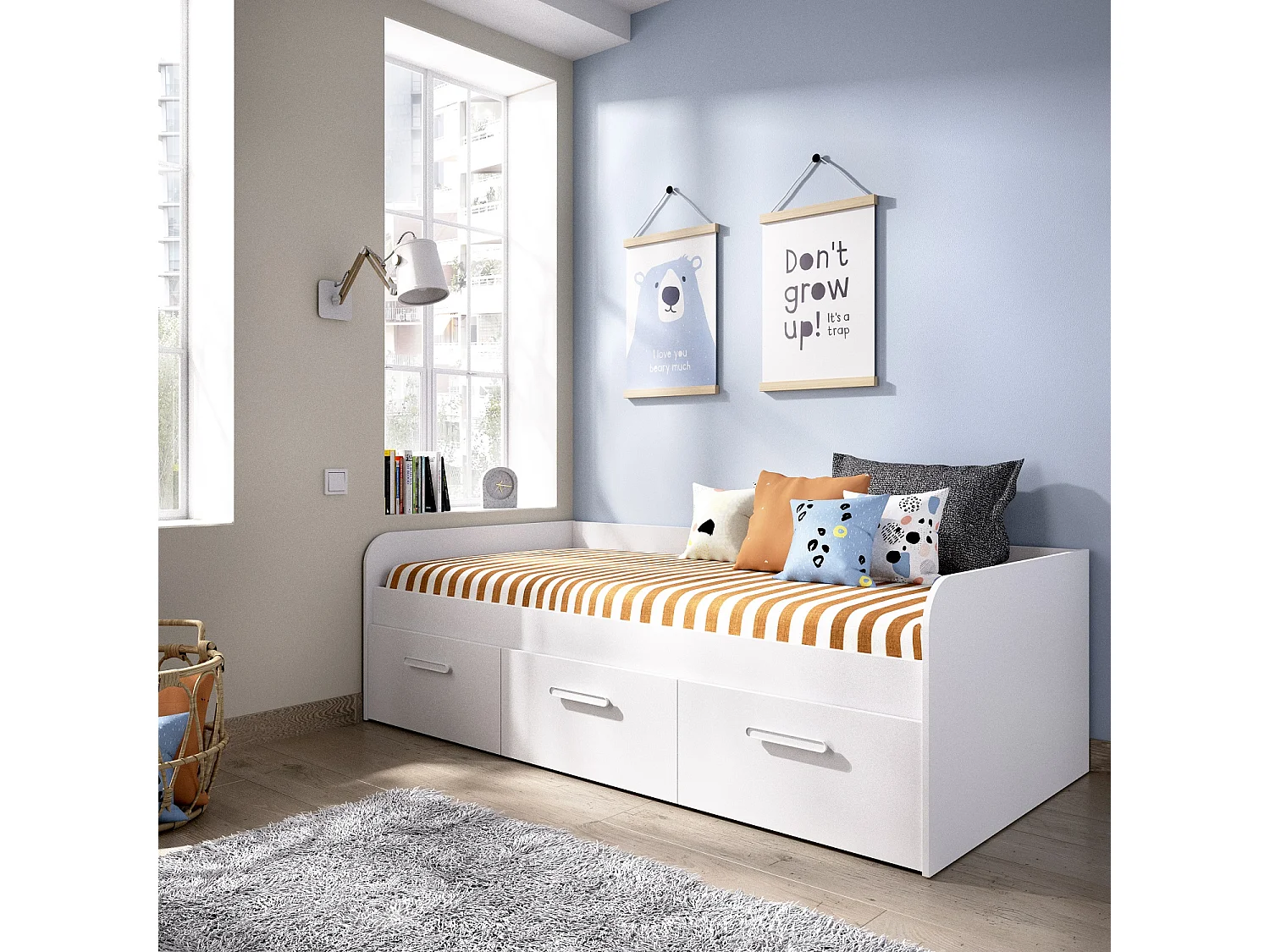 Lit enfant gigogne 90 x 190 cm en mélamine coloris blanc avec 3 tiroirs - Longueur 194.3 x Profondeur 97 x Hauteur 60 cm