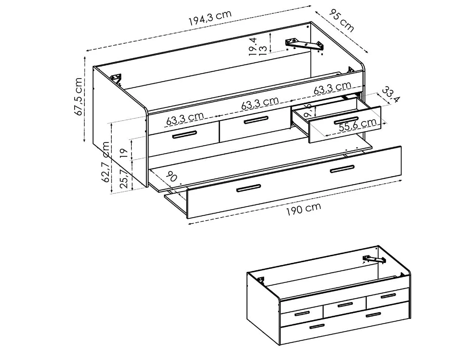 Lit gigogne double 90 x 190 cm en mélamine coloris blanc avec 3 tiroirs - Longueur 194.3 x Profondeur 95 x Hauteur 67.5 cm