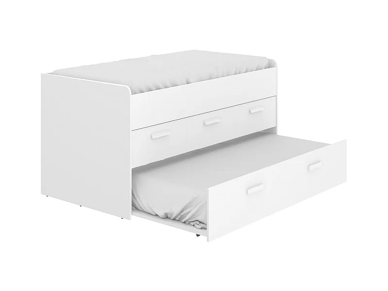 Lit gigogne double 90 x 190 cm en mélamine coloris blanc avec 3 tiroirs - Longueur 194.3 x Profondeur 95 x Hauteur 67.5 cm