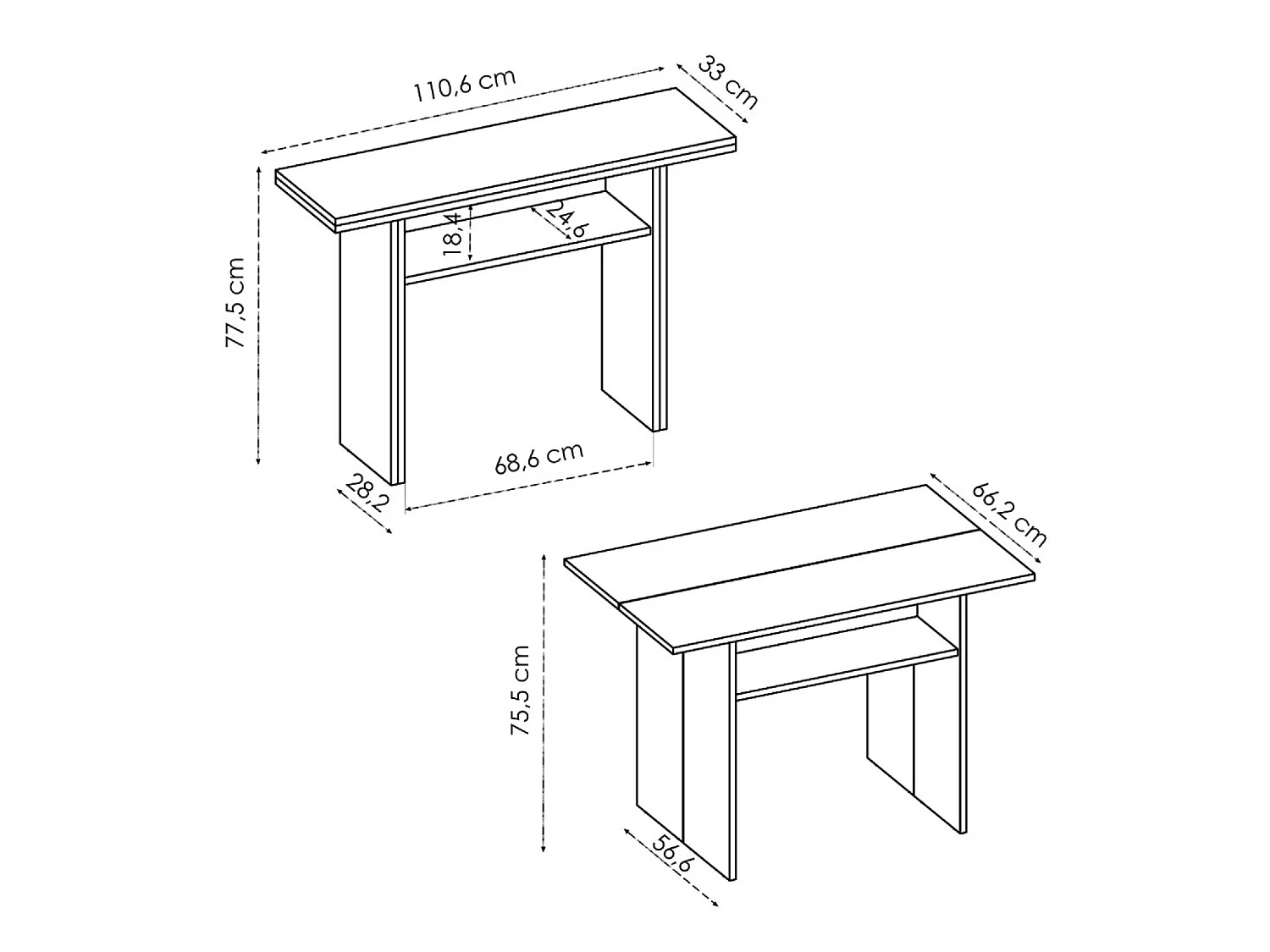 Console extensible en bois mélaminé coloris blanc - Longueur 110.6 x Profondeur 33-66.2 x Hauteur 75.5-77.5 cm