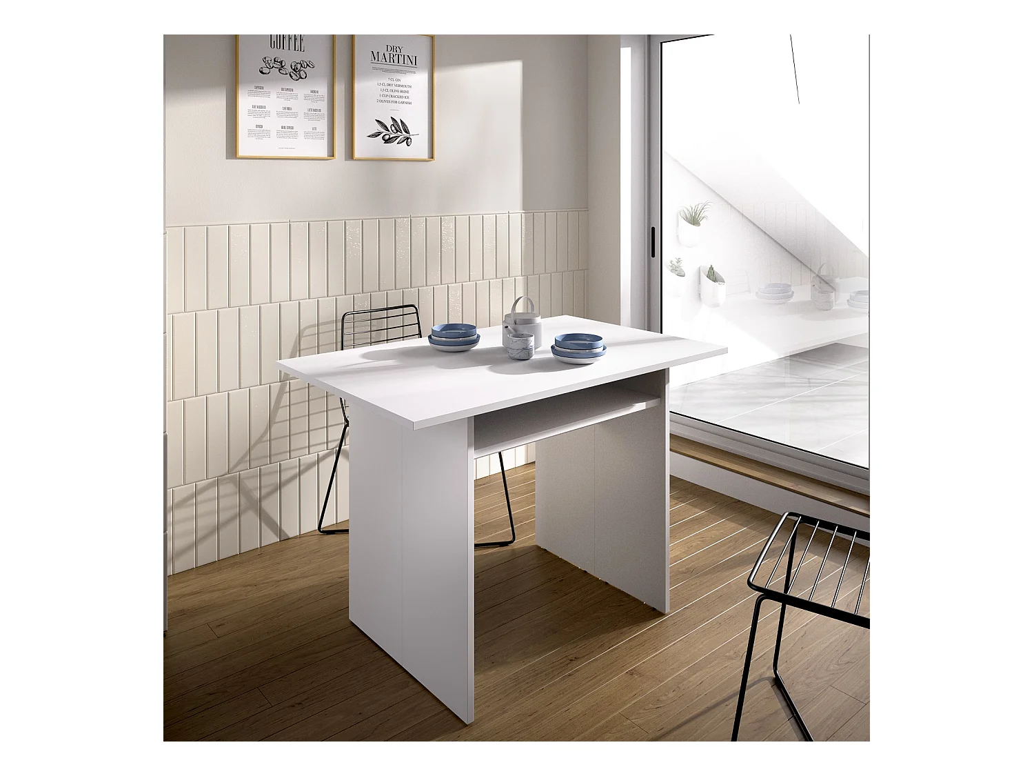Console extensible en bois mélaminé coloris blanc - Longueur 110.6 x Profondeur 33-66.2 x Hauteur 75.5-77.5 cm