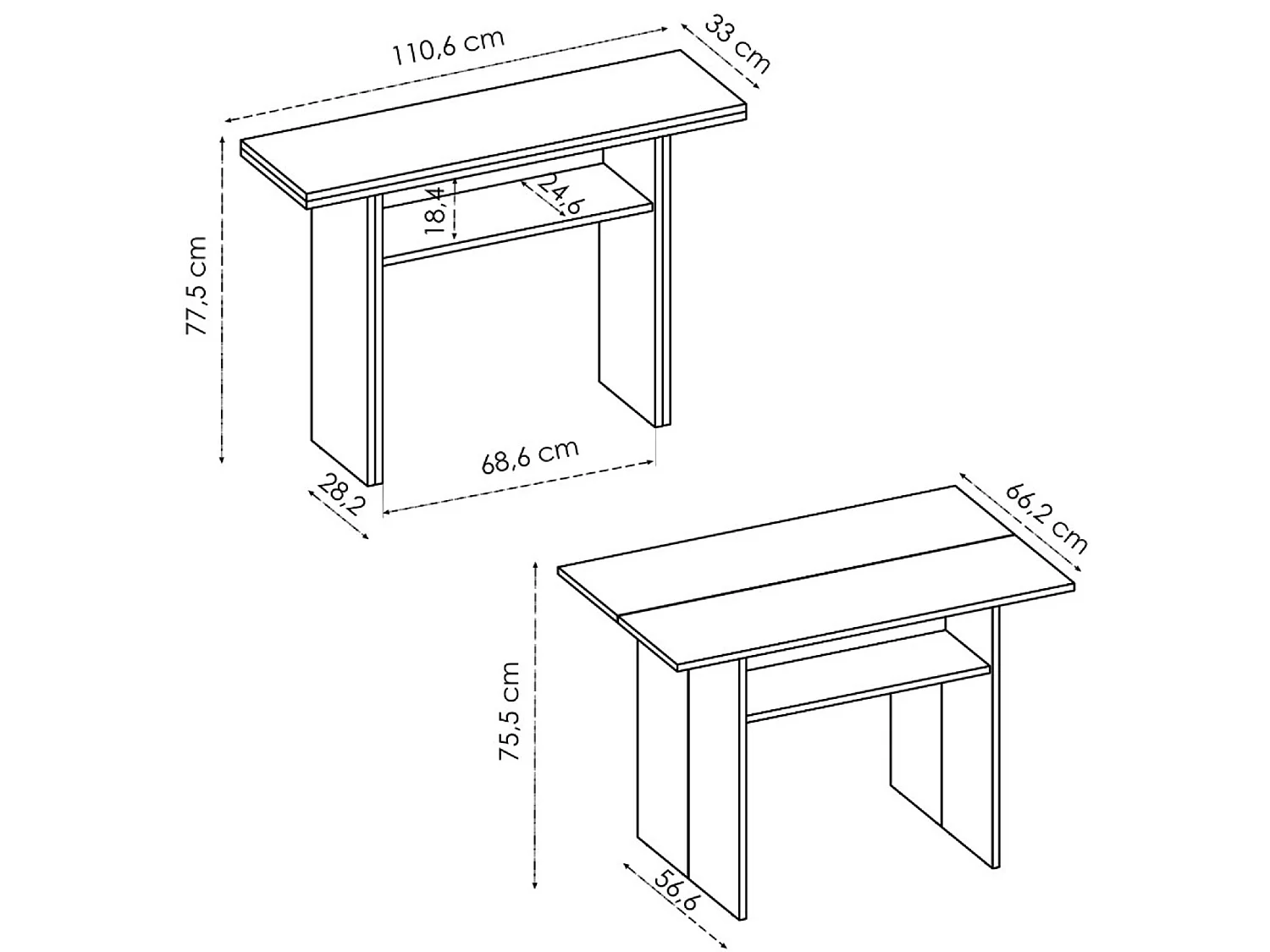 Console extensible en bois mélaminé coloris blanc - Longueur 110.6 x Profondeur 33-66.2 x Hauteur 75.5-77.5 cm