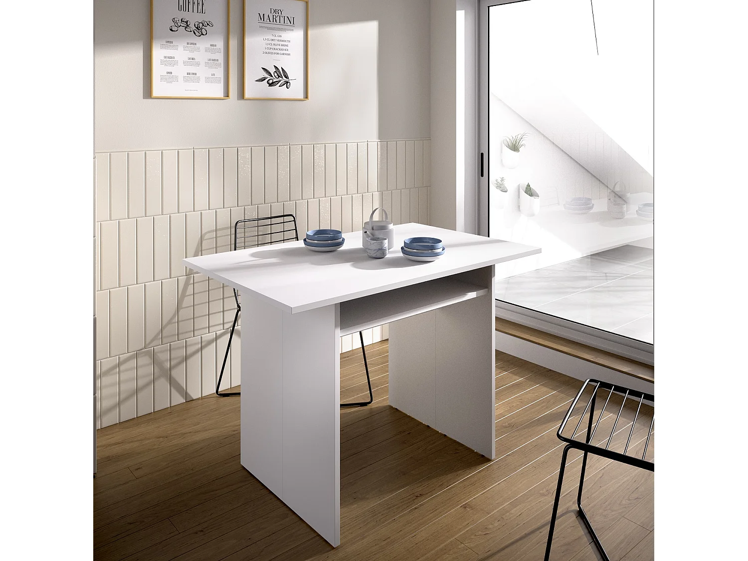 Console extensible en bois mélaminé coloris blanc - Longueur 110.6 x Profondeur 33-66.2 x Hauteur 75.5-77.5 cm