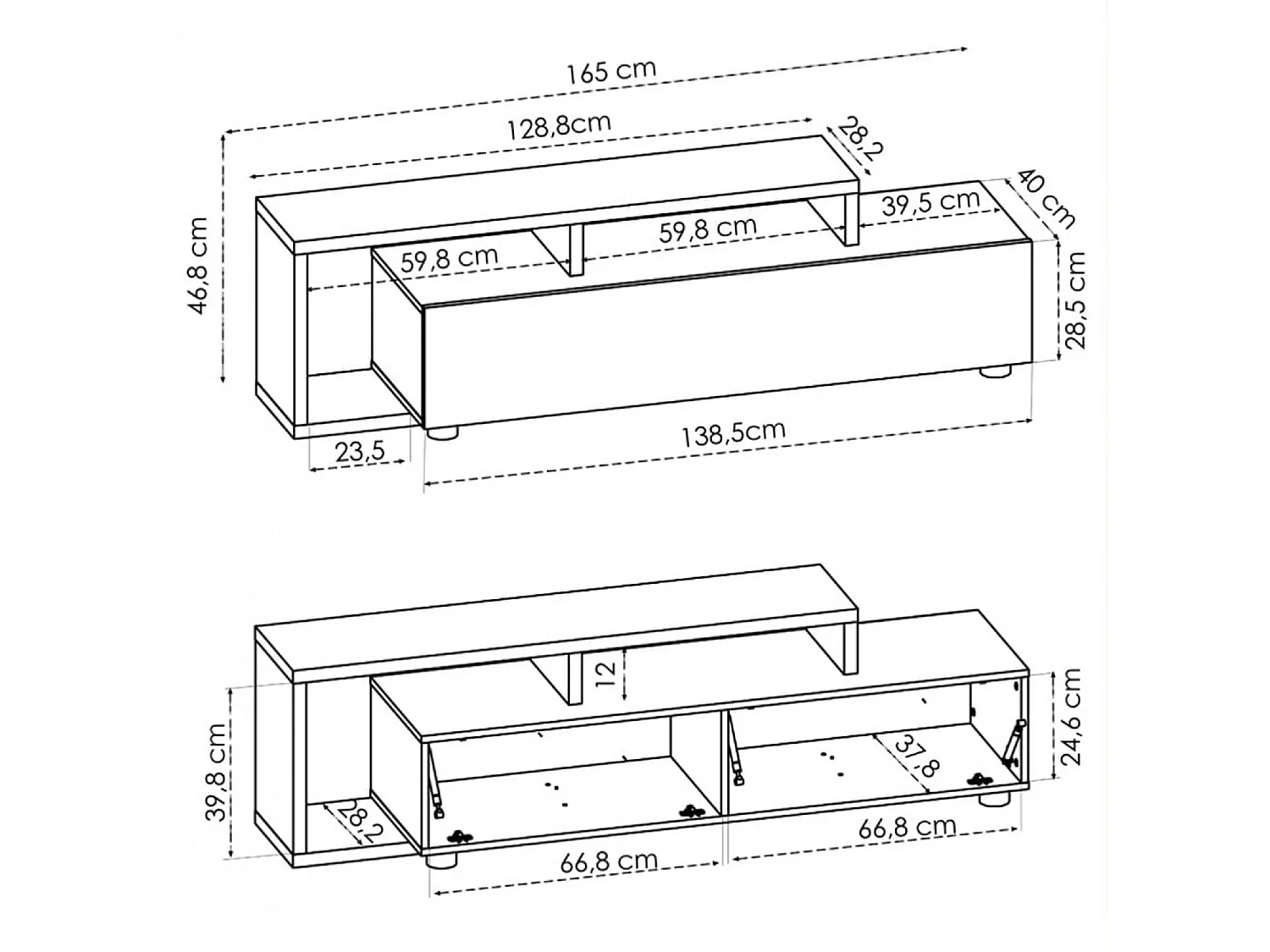 Meuble TV en panneaux de particules mélaminés coloris chêne / gris graphite - Longueur 165 x Profondeur 40 x Hauteur 46.8 cm