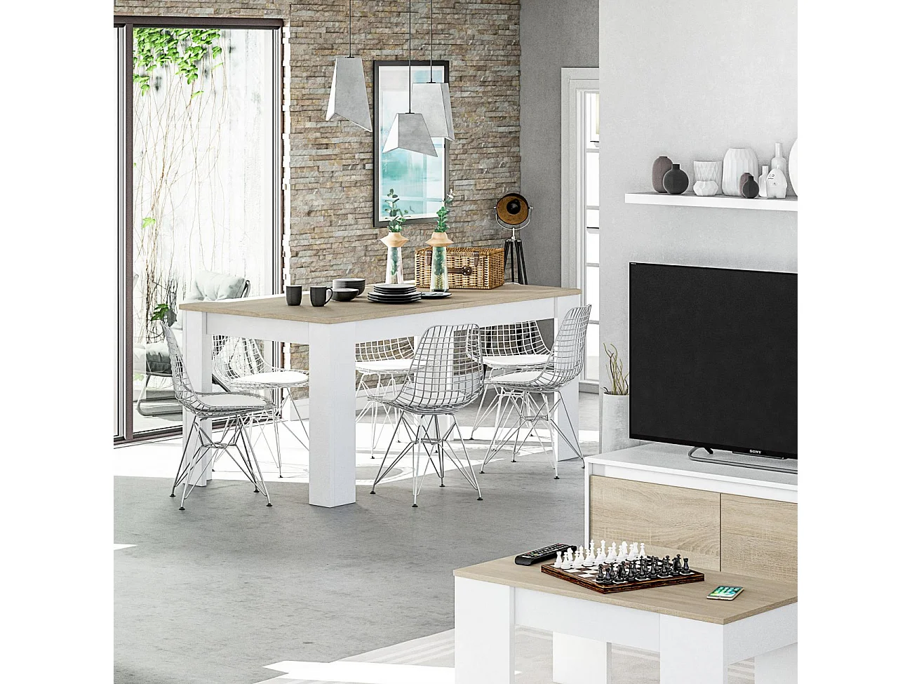 Mesa de comedor extensible Kendra 140 Blanco Artik (Blanco Mate) - Roble Canadian