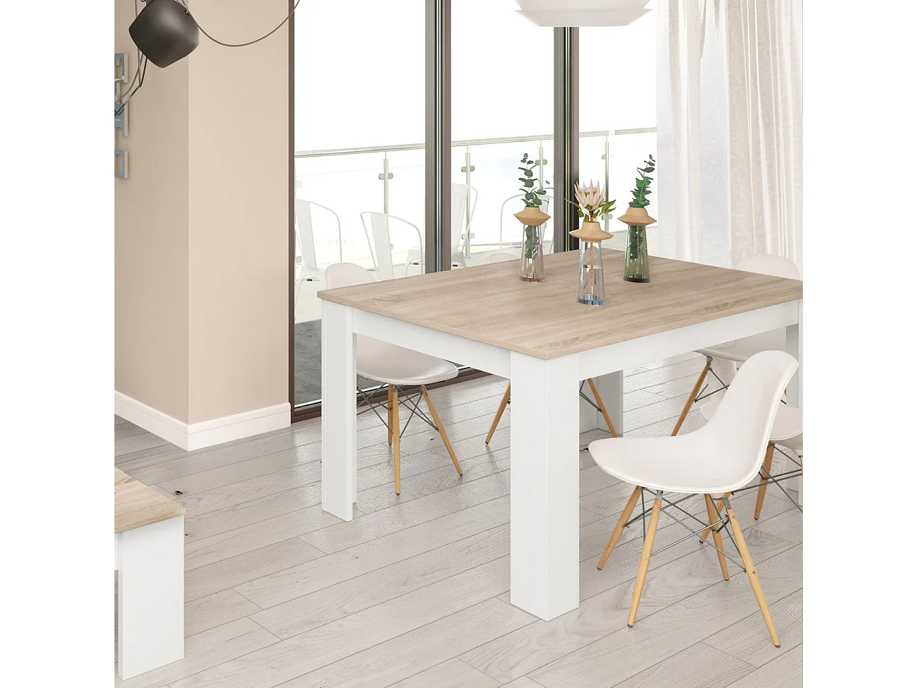 Mesa de comedor extensible Kendra 140 Blanco Artik (Blanco Mate) - Roble Canadian