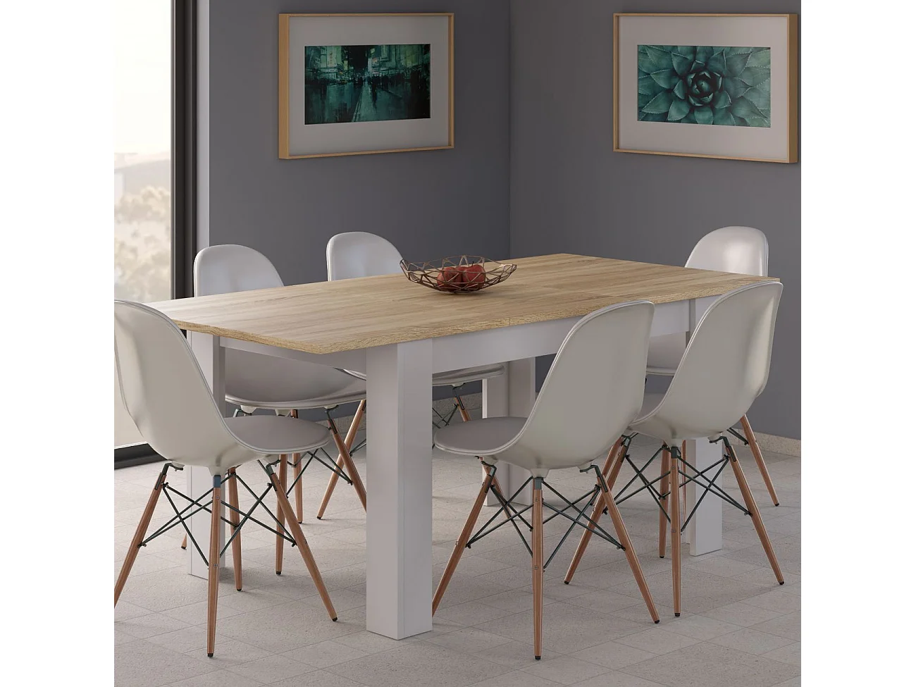 Mesa de comedor extensible Kendra 140 Blanco Artik (Blanco Mate) - Roble Canadian