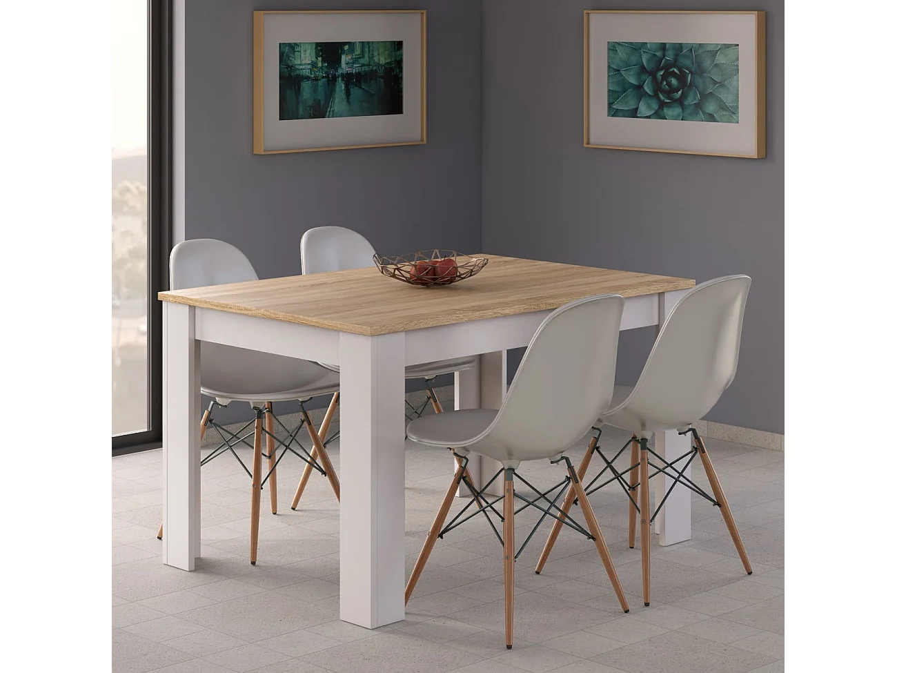Mesa de comedor extensible Kendra 140 Blanco Artik (Blanco Mate) - Roble Canadian