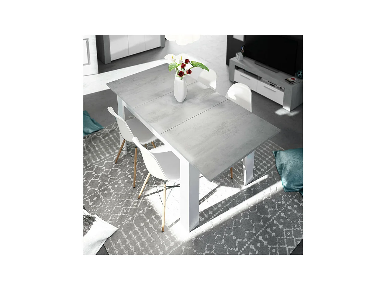Table à manger THEA extensible L140-190cm - Blanc et béton