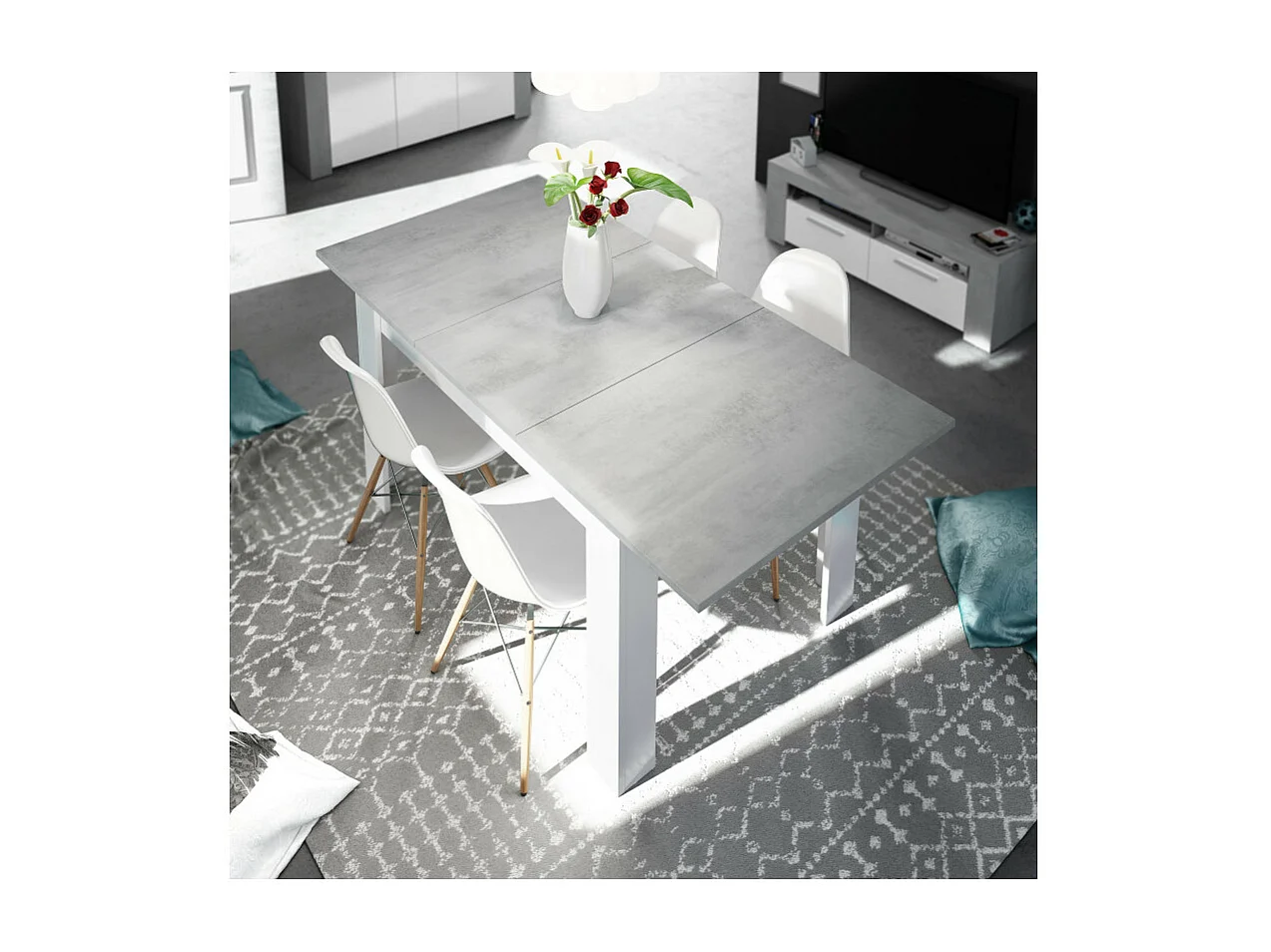 Table à manger THEA extensible L140-190cm - Blanc et béton