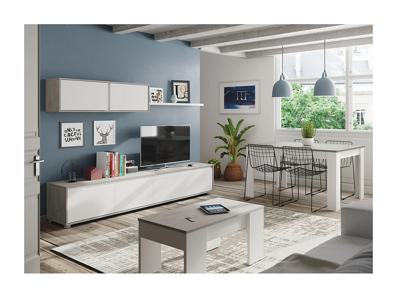 Ausziehbarer Esstisch – KENDRA – rechteckig – Artik weiß und Zement – 140/190 x 90 x 78 cm