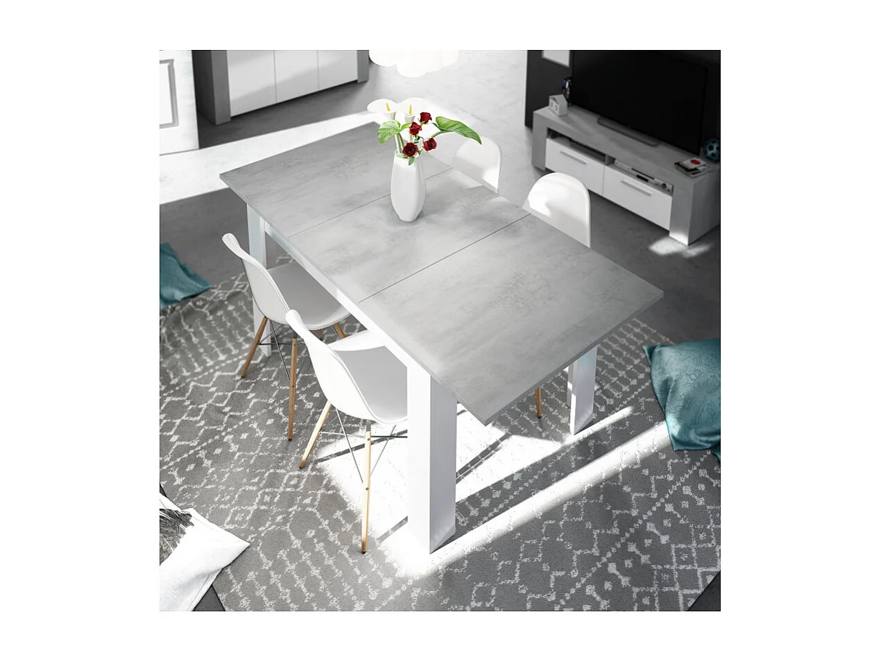 Table à manger THEA extensible L140-190cm - Blanc et béton
