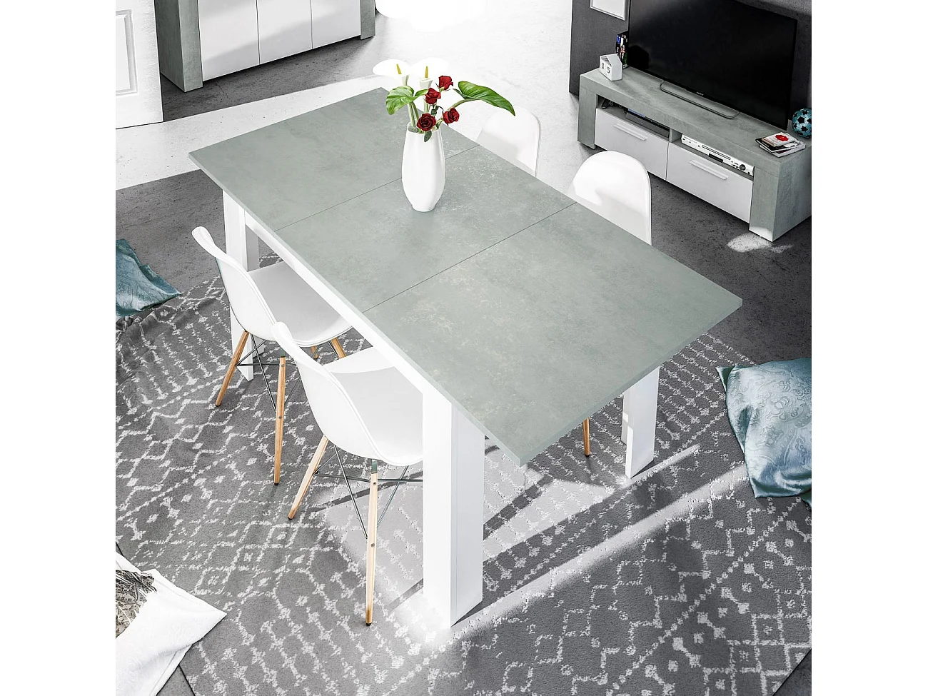 Table à manger THEA extensible L140-190cm - Blanc et béton