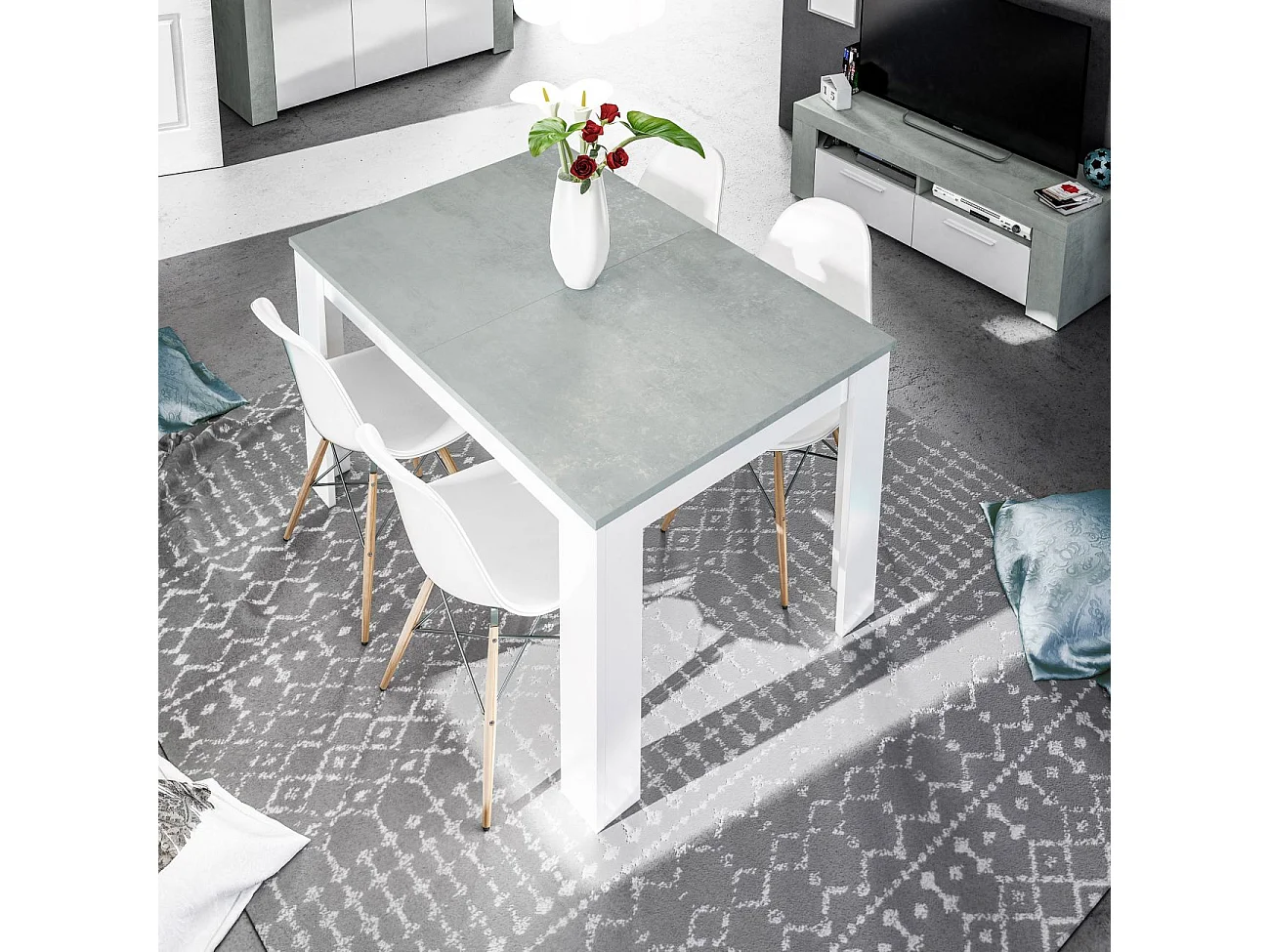 Table à manger THEA extensible L140-190cm - Blanc et béton